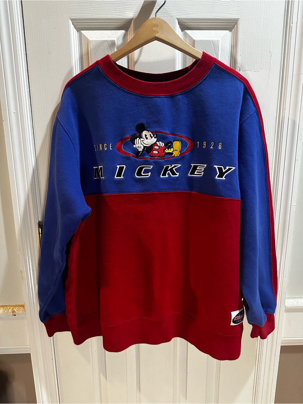 Vintage 90s Disney Store Mickey Mouse Red Blue Colorblock Crewneck Sweatshirt XL
